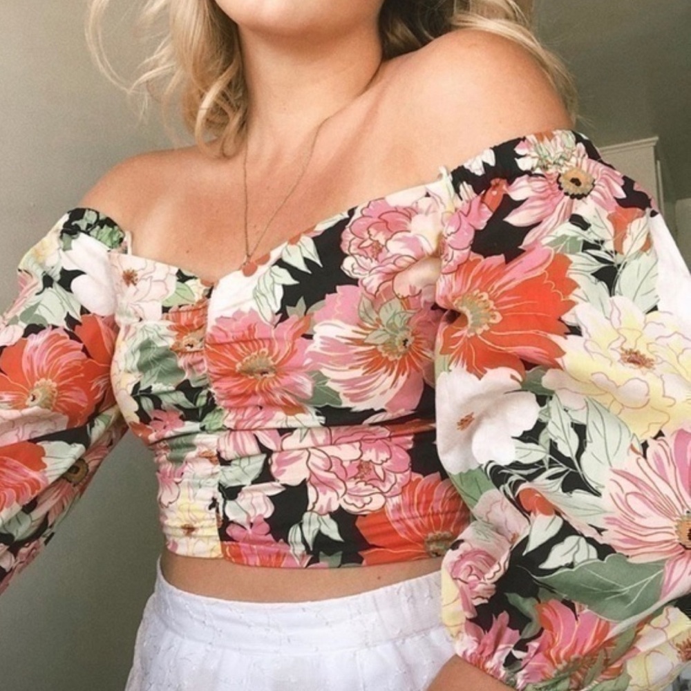 Zara Floral Off The Shoulder Cotton Spring Summer Crop Top Size Small